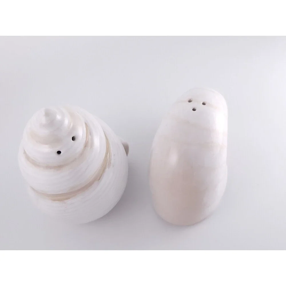 Vintage White Ceramic Seashell Salt and Pepper Shakers Set Coastal Beach Decor